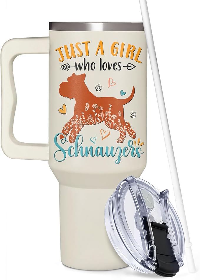 Schnauzer Gifts for Girls & Women, Christmas and Mother's Day Gifts for Schnauzer Lovers, Birthday Present Idea for Dog Owners, 40oz Tumbler with Handle & Straw