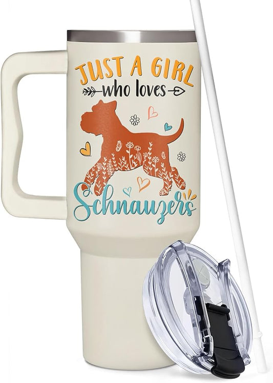 Schnauzer Gifts for Girls & Women, Christmas and Mother's Day Gifts for Schnauzer Lovers, Birthday Present Idea for Dog Owners, 40oz Tumbler with Handle & Straw
