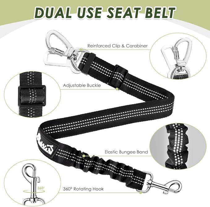 Lukovee Dog Seat Belt for Car, Adjustable Dog Car Harness for Large Medium Small Dogs, Soft Padded & Breathable Mesh Dog Seatbelt with Car Strap and Carabiner(Lime Green Double Clip,Large)