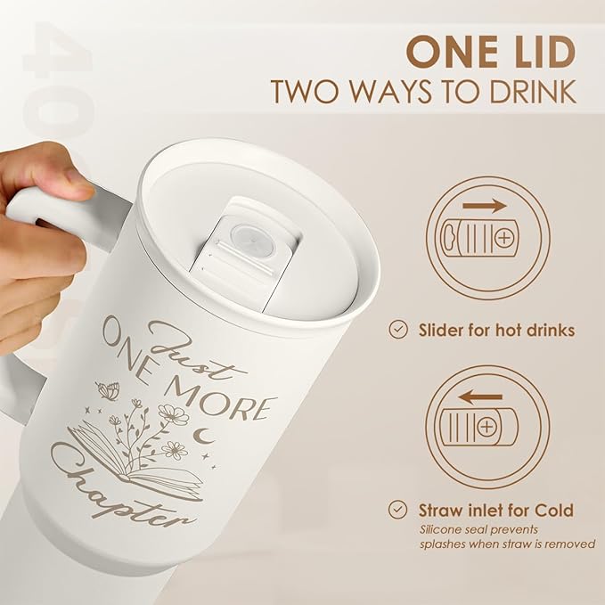 SANDJEST Book Lover Gifts for Women, Just One More Chapter Tumbler with Handle, Stainless Steel Insulated Coffee Travel Mug Cup, Gifts for Women Girls Bookworm on Christmas Birthday, 40oz