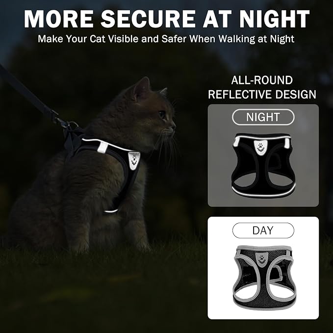 SCENEREAL Cat Harness and Leash Set Escape Proof, Adjustable Soft Air Mesh Kitten Harnesses for Girls Boys Small Medium Big Cats, Reflective Light Travel Pet Walking Vest for Puppy Rabbit, Black M
