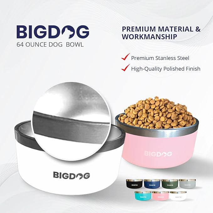 BigDog Dog Bowls, Dog Bowls for Large Dogs, Stainless Steel Dog Bowls, No Spill Dog Bowls, Dog Food and Water Bowl (64 Ounce, Pink)