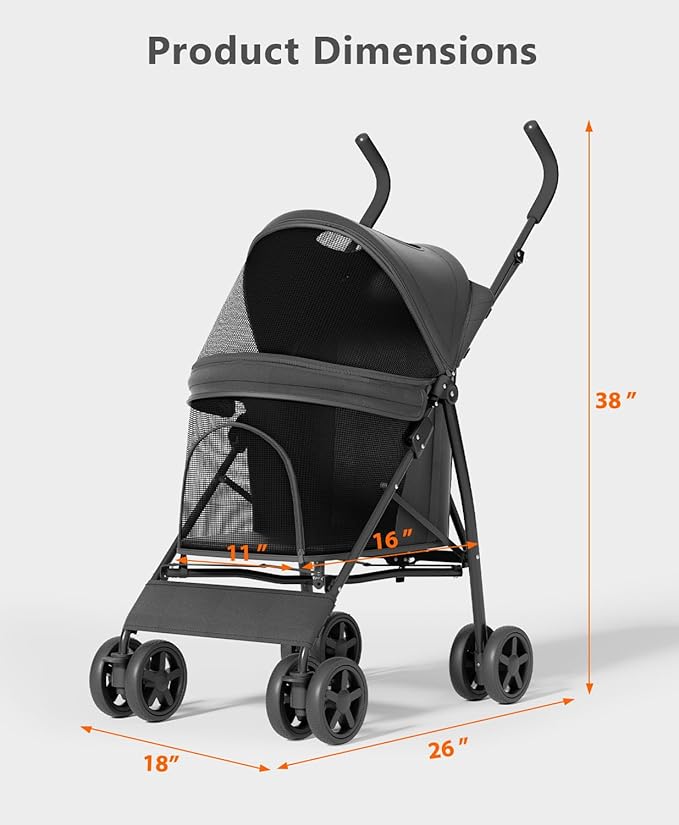 Pet Stroller with 4 Wheels for Small/Medium Pets, Portable Travel Foldable Carrier Jogger for Dog Cat Puppy Kitty, Rear Wheel Breaks, Storage Basket, Visible Mesh with Weather Cover (Black)