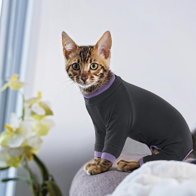 PUMYPOREITY Sticky Hair Cat Clothes, Prevent Hair Loss Cat Pajamas, Soft Cat Sweaters for Cats Only, Cat Hair Sticky Onesie, Cat Recovery Suit After Surgery, Black, L