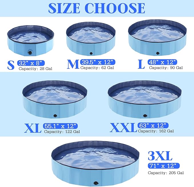 Foldable Dog Bath Swimming Pool Plastic Kiddie Pool Professional Tub Collapsible Grooming Bathtub for Pets Kids Baby and Toddler, 55 x 12 Inches Blue