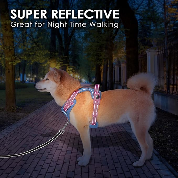 PHOEPET No Pull Dog Harness, Unique Colors Reflective Adjustable Dog Vest, with Soft Training Handle Metal Clips for Small Medium Large Dogs (Baby Blue Base & Pink Straps,XL)