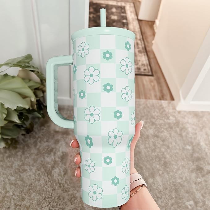 SANDJEST 40oz Daisy Flower Tumbler with Handle and Straw - Insulated Stainless Steel Coffee Travel Mug for Women Girls, Floral Gift Idea for Birthday Christmas