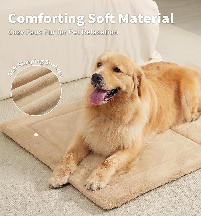 Made4Pets Dog Crate Pad Bed for Large Dogs, Washable & Reversible, Anti-Slip Kennel Mat for Cozy Sleeping, Soft Fluffy Dog Bed for Indoor & Outdoor Use, 44"x32", Khaki