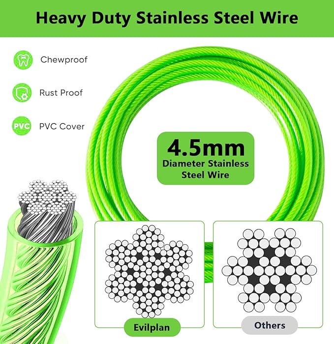 Dog Tie Out Cable 15FT-500Lbs,Heavy Duty Dog Leads&Tether for Yard with Swivel Hook,Small Large Dogs Leash Line for Outside,Rust Chew Proof Dogs Run Cable for Outdoor Camping (Green, 15FT)