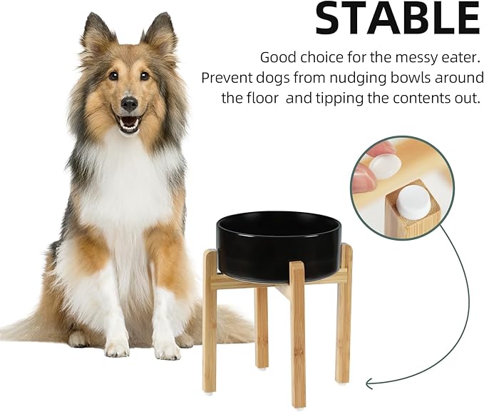 Ceramic Elevated Dog Bowl Set, Raised Food and Water Bowl for Large Breed Dogs, Weighted Dishes, Black (8.2'', 60OZ)