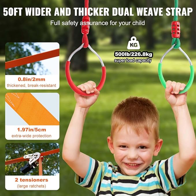 VEVOR Ninja Warrior Obstacle Course for Kids, 2 x 50 ft Weatherproof Slacklines, 500lbs Weight Capacity Monkey Line, Outdoor Playset Equipment, Backyard Toys Training Equipment Set with 12 Obstacles