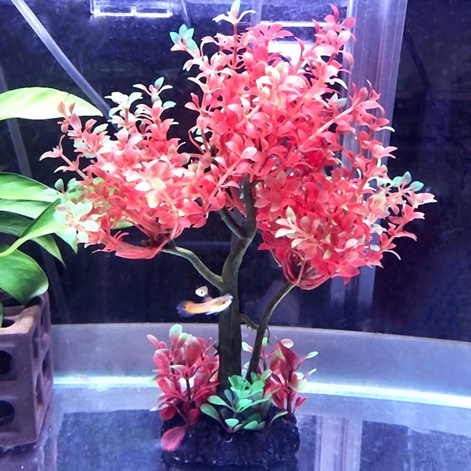 Mipukbay Aquarium Plants Tree - Red & Green Artificial Plastic Fish Tank Decor, Realistic Ornament Safe for Fish & Shrimp, Low-Maintenance Aquascaping Plants for Freshwater/Saltwater Tank Landscaping