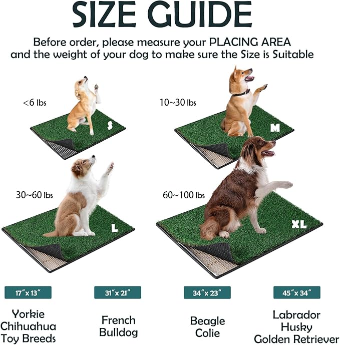 MEEXPAWS Dog Grass Pee Pads for Dogs with Tray | Large 34×23 in | 2× Dog Artificial Grass Pads Replacement| Rapid Drainage | Indoor Litter Box | Hemmed Edge
