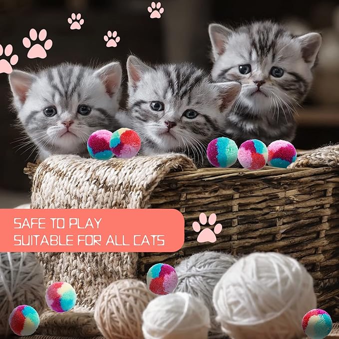 Rainbow Cat Toy Kit - 20PCS Soft Pom Pom Balls for Indoor Cat Play & Exercise