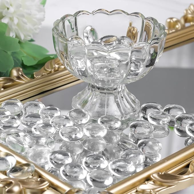FUTUREPLUSX 1Lb Flat Glass Marbles, Clear Flat Gems Transparent Aquarium Pebbles Vase Filler Beads Table Scatters