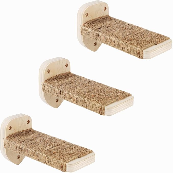 3 Pcs Cat Wall Steps, Cat Shelves and Perches for Wall, Wall-Mounted Cat Climbing Shelf with Hemp Rope Covered, Cat Wall Furniture Steps Set with Scratching Pads for Cats Playing and Climbing (Wood)