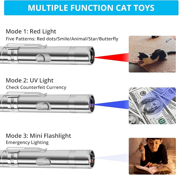Cat Toy Pointer for Indoor Cats, 2 Pieces, USB Rechargeable Kitten Toys with 7 Adjustable Patterns, Interactive Chase Toys for Indoor Cats & Dogs, Training & Exercise Fun