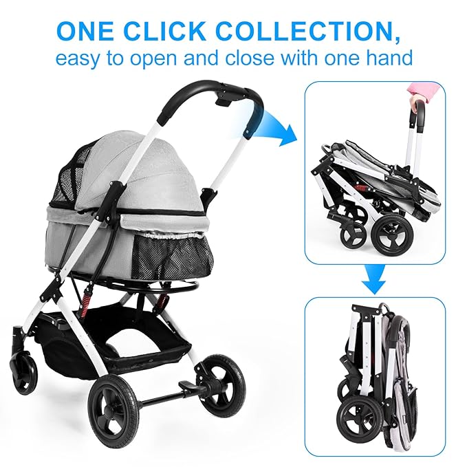 Pet Stroller for Medium Small Dog & Cat, Foldable Lightweight Dog Stroller with Storage Basket Pet Travel Carriage with Safety Leashes, 4 Wheel, Gray