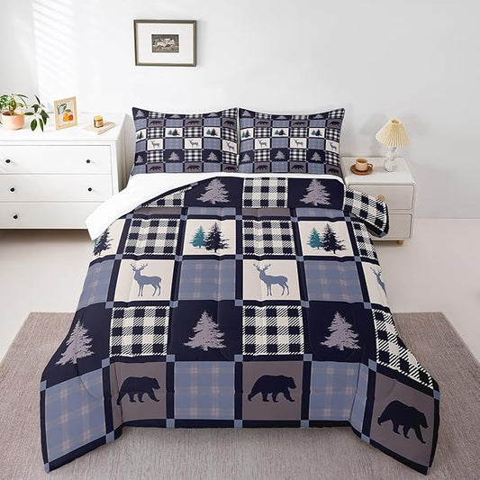 Rustic Bear Deer Patchwork Bedding Set - Lodge Decor, Vintage Farmhouse Wildlife Down Comforter Full, Geometric Grid Check Quilted Comforter with 2 Pillowcases