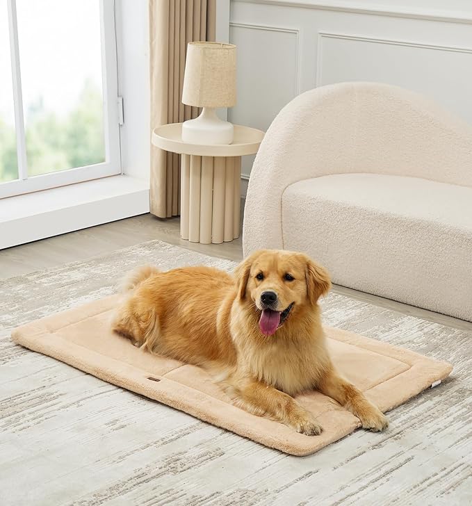 Made4Pets Dog Crate Pad Bed for Large Dogs, Washable & Reversible, Anti-Slip Kennel Mat for Cozy Sleeping, Soft Fluffy Dog Bed for Indoor & Outdoor Use, 41"x29", Khaki