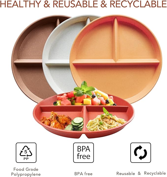greenandlife 9 Inch 4PCS Unbreakable Portion Control Plates, Divided Plates for Kids Adults, Dishwasher & Microwave Safe Compartment Plate, Lightweight Reusable Wheat Straw Plate, BPA Free