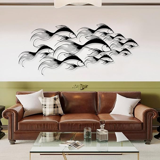 School of Fish Metal Wall Art, Metal Fish Wall Decor, Sea Life Wall Art, Large Nautical Wall Hanging, Modern Beach House Wall Decor, Ocean Themed Artwork for Bathroom (Gold, 53"x22" | 135x57cm)