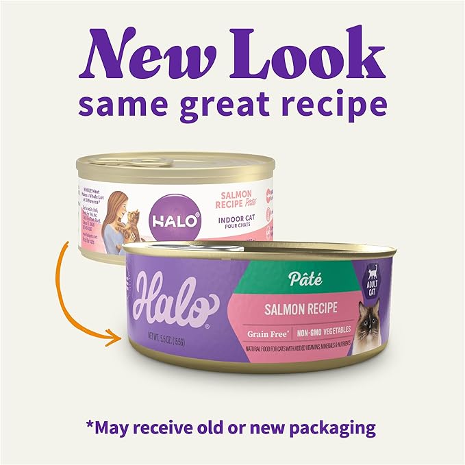 Halo Purely For Pets Halo Indoor Wet Cat Food, Grain Free, Salmon Pate, 5.5 Ounce (Pack of 12)