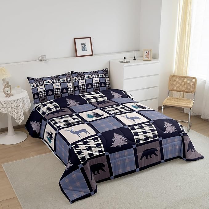 Rustic Bear Deer Patchwork Bedding Set - Lodge Decor, Vintage Farmhouse Wildlife Down Comforter Full, Geometric Grid Check Quilted Comforter with 2 Pillowcases