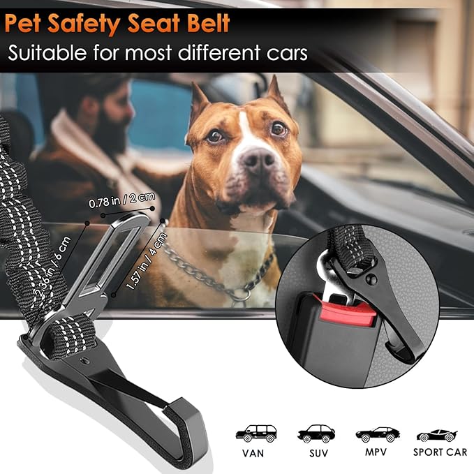 SlowTon Dog Seat Belt, Adjustable Dog Safety Belt Leash, 2 in 1 Latch Bar Attachment Dogs Car Seatbelt with Elastic Nylon Bungee Buffer, Reflective Nylon Belt Tether Connect to Dog Harness(B,35.5in)