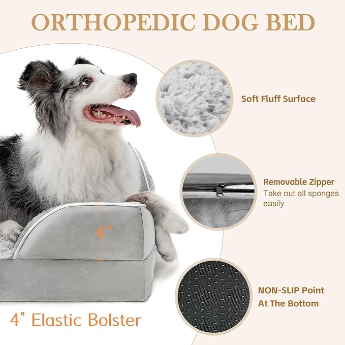 Comfort Expression Large Dog Beds Waterproof Orthopedic Foam Dog Sofa Beds Comfy Pet Bed with Washable Removable Cover & Non-Slip Bottom(Large,Grey White)