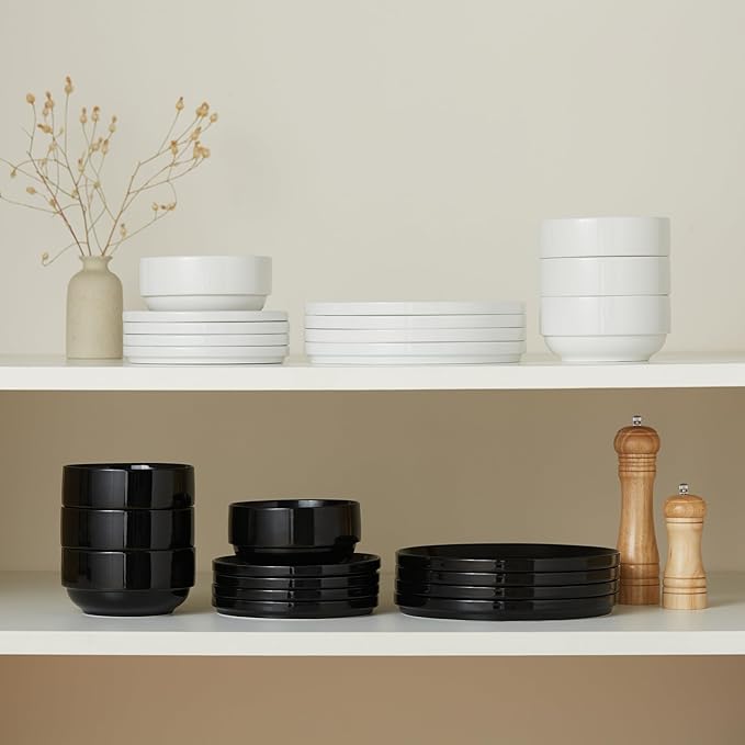 Ceramic Dinnerware Set, 12-Piece Service for 4, Soup Bowls (31.5 oz), Salad Plates (7.5"), Dinner Plates (10.5"), Round, Microwave and Dishwasher Safe, White, Cambridge Classics