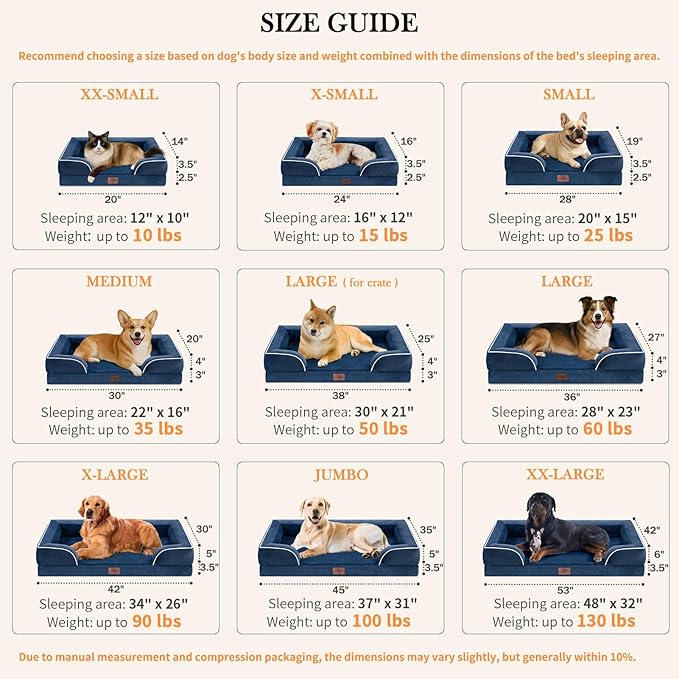 Comfort Expression Large Dog Beds Waterproof Orthopedic Foam Dog Sofa Beds Comfy Pet Bed with Washable Removable Cover & Non-Slip Bottom(Large,Navy Blue)