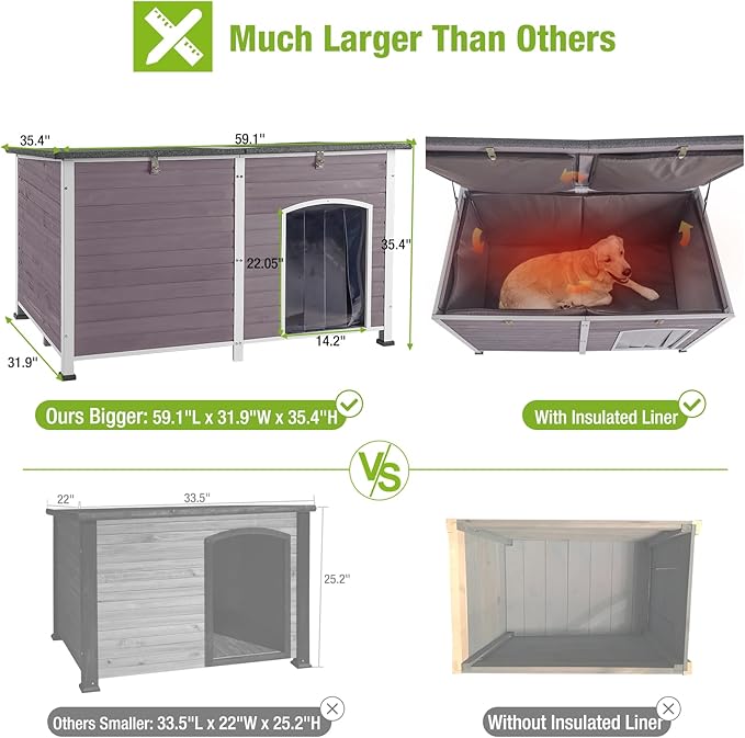 GUTINNEEN 59.1" Extra Large Dog House Outdoor Insulated for Winter with Durable Metal Fame, Grey