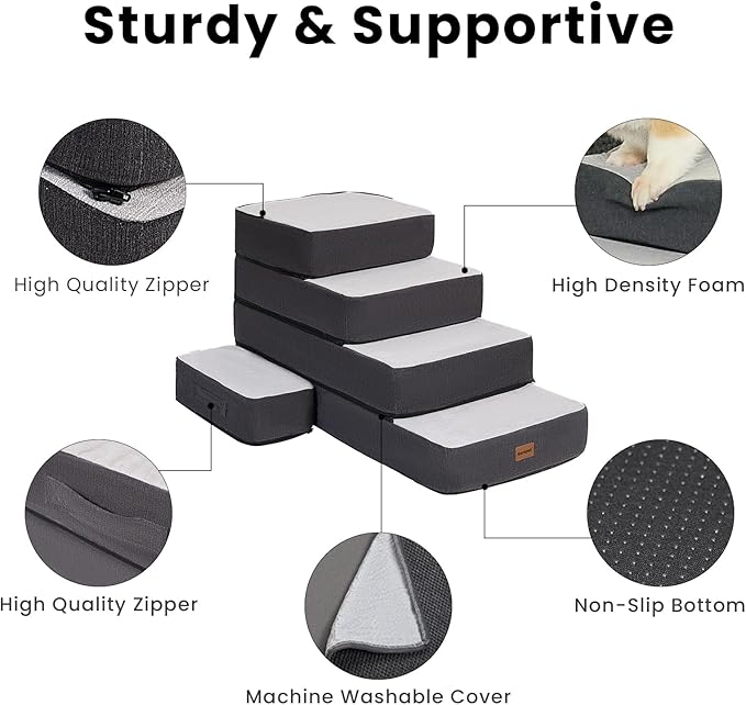 5-Step Adjustable Dog Stairs for High Beds, Dog Steps for Small Dogs and Cats, Foldable Pet Stairs for Bed Climbing, Non-Slip Pet Step Indoor, Grey