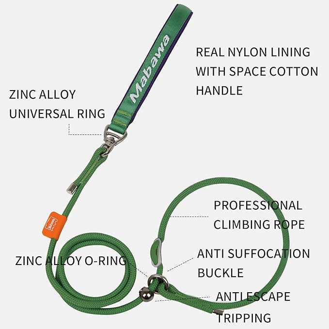 Dog Anti-Slip Leash 5FT with Metal Stopper - Durable No-Pull Training Lead for Small, Medium & Large Dogs - Comfortable Handle Nylon Rope, Tangle-Free Pet Walking Leash (Green, 5 FT)