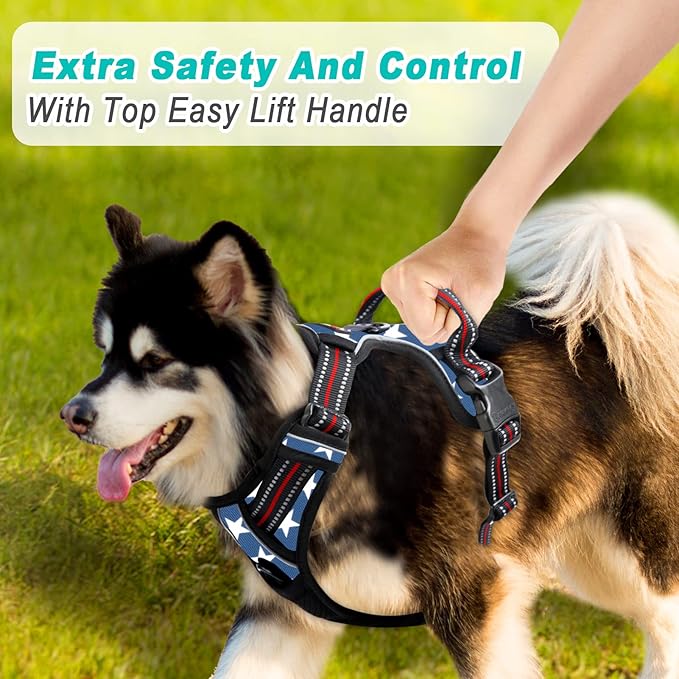 BARKBAY No Pull Dog Harness Large Step in Reflective Dog Harness with Front Clip and Easy Control Handle for Walking Training Running(Star,L)