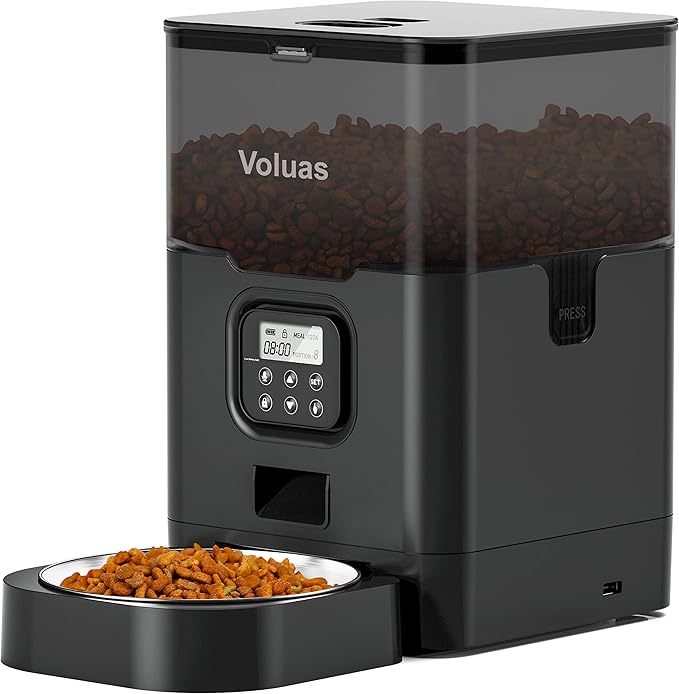 VOLUAS Automatic Cat Feeders - Pet Dry Food Dispenser with Timer, Automatic Cat Feeders with Desiccant Bag, Programmable Portion Size Control 4 Meals Per Day, 10s Voice Recorder