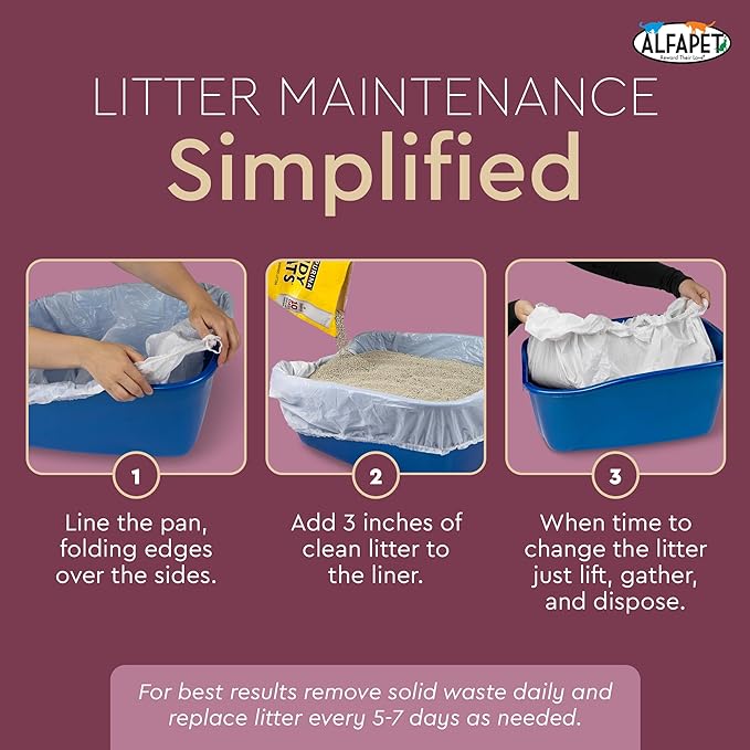 Alfapet Elastic Cat Litter Box Liners - Large 12 Count - Tear-Resistant Cat Litter Bags - Waterproof Kitty Litter Liners - Fits Litterbox Pan Sizes Medium and Large, 31" x 17", 20 lb Capacity