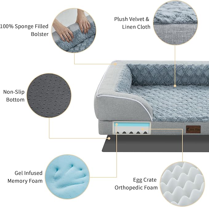 Orthopedic XL Dog Beds for Extra Large Dogs, Waterproof Memory Foam Dog Beds with Sides, Non-Slip Bottom and Egg-Crate Foam Big Dogs Couch with Removable Washable Cover(X-Large,Light Grey)