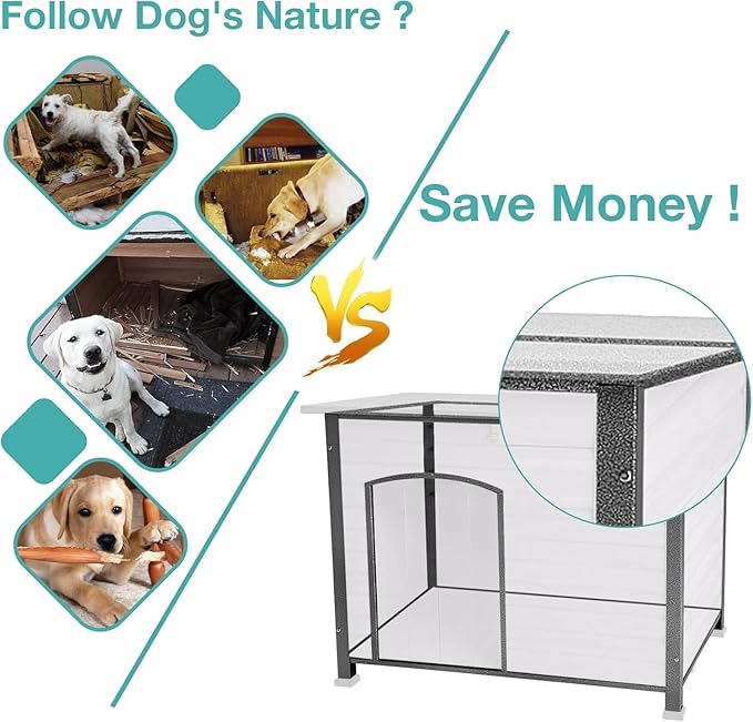 Feral Dog House Outdoor,Anti Bite Iron Frame Dog Kennel,Wood Warm Pets Home,Insulated Weatherproof Outside Shelter for Feral Animal (33.5"(L)×22"(W)×25.2"(H)-Grey-in)