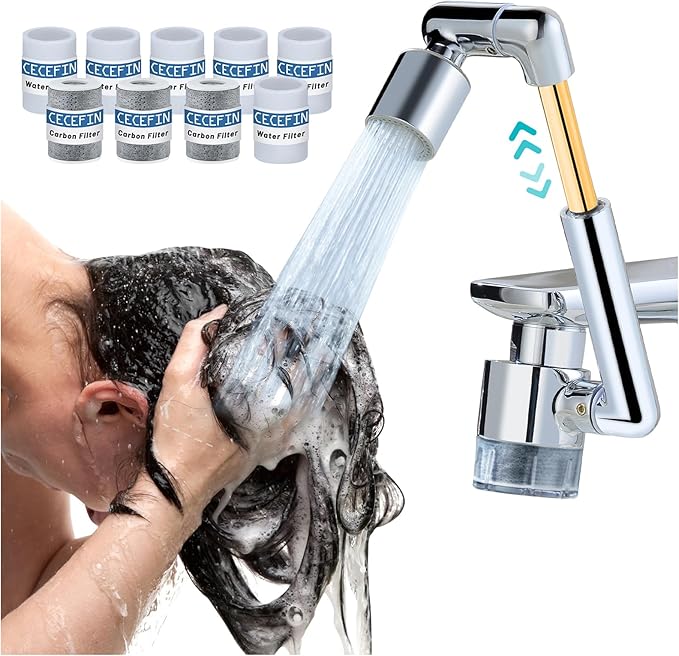 CECEFIN 1440ºSink-Water-Filter Faucet-Extender 3.0 Telescopic - Carbon Purifier Reduce 99% Chlorine, NSF Certified Bathroom Kitchen Aerator, Swivel Long Arm Extension for Toddlers, Hard Water Softener