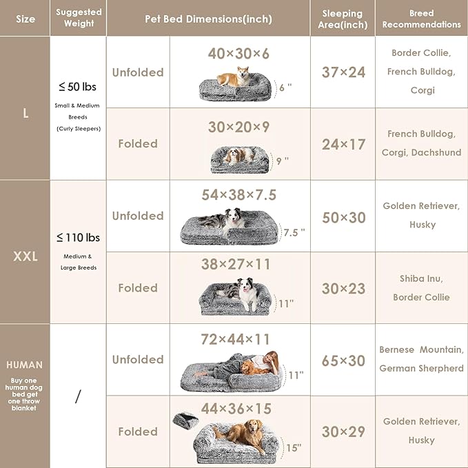 EHEYCIGA Foldable Dog Bed, Faux Fur Fluffy Dog Couch Bed, Orthopedic Calming Memory Foam Pet Bed for Small Dogs, Washable Soft Warm Pet Sofa Bed with Non-Slip Bottom, Faded Black, 40"x30"x6"