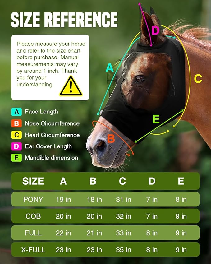 JWODVNTH Fly Masks for Horses with Ears - Large Eye Space, Comfort, UV-Block - Horse Fly Mask for Daily Stable, Hot Weather Riding, and Competition - Cob, Black