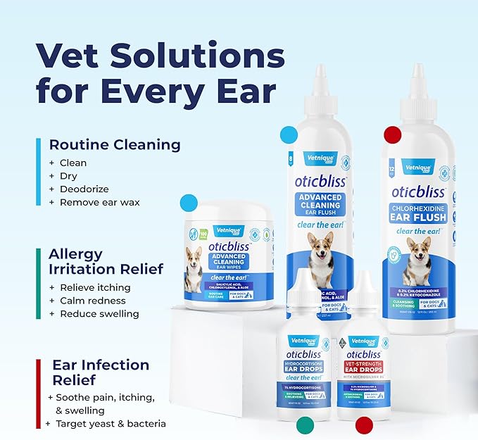 Vetnique Oticbliss Cat & Dog Ear Infection Treatment Drops - with 1% Hydrocortisone & MicroSilver BG for Dog Ear Infections - Vet Recommended Cat & Dog Ear Cleaner for Itchy Ear Relief