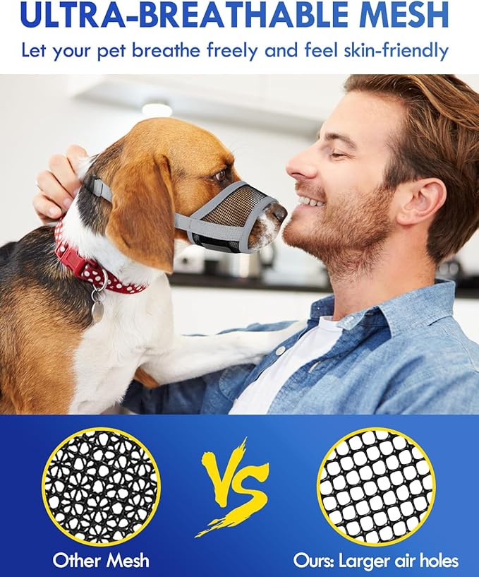 Dog Muzzle, Soft Air Mesh Muzzle for Small Medium Large Dogs Anti Biting Barking Chewing, Breathable Drinkable Adjustable Loop Pets Muzzle for German Shepherd Husky Labrador Retriever (Grey,M)