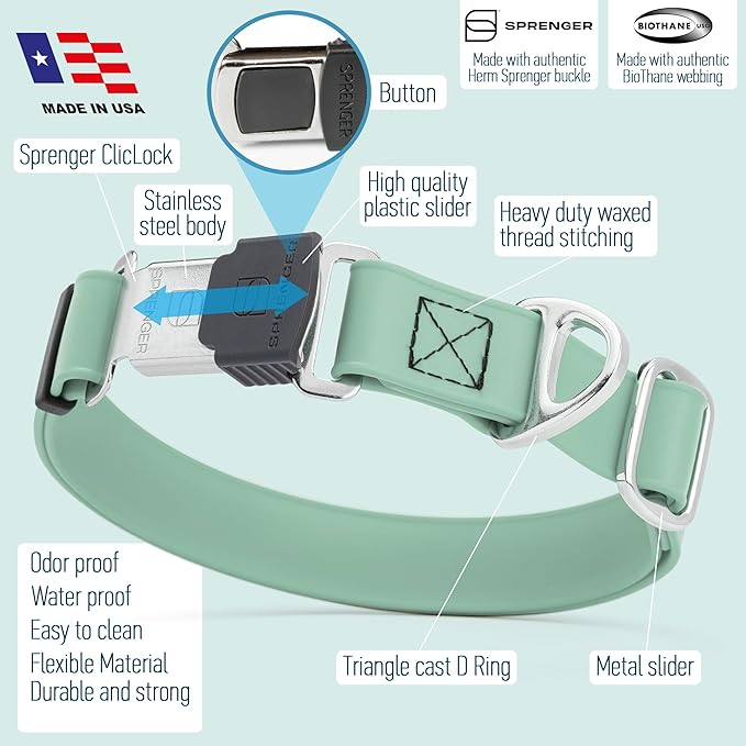 Dogline Biothane Waterproof Dog Collar with Herm Sprenger Black Stainless Steel Quick Release Buckle – Heavy Duty Tactical Durable Collar for Dogs – Comfortable, Safe Pet Collar W1 L15-25 Sage Green