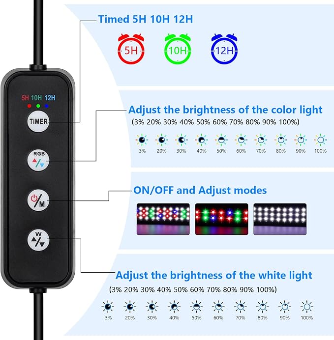 AQQA Full Spectrum Aquarium Light, Fish Tank Lights for Plant Growth Fish Viewing,3 Mode White Blue Red Green LED beads,Timer,Adjustable Brightness,Extendable Brackets for Freshwater 14W for 12-18inch
