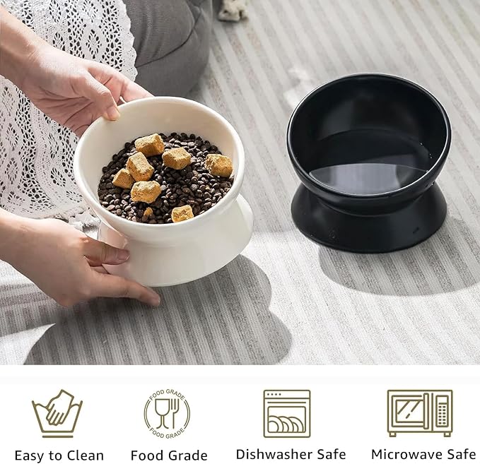YINGFAN Elevated Cat Bowls, 5oz Ceramic Raised Cat Bowl for Cats/Kittens with Tilted Design, Porcelain Cats Feeding Dishes for Food/Water, Anti Vomit, Microwave & Dishwasher Safe (Light White)