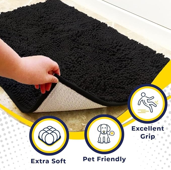Muddy Mat® Shown on TV – Super Absorbent Door Mat Indoor, Microfiber Quick Dry Chenille Entryway Rug, Non-Slip Front Door Mat, Indoor Mats for Entryway, Machine Washable Pet Rug, Black 36"x72"