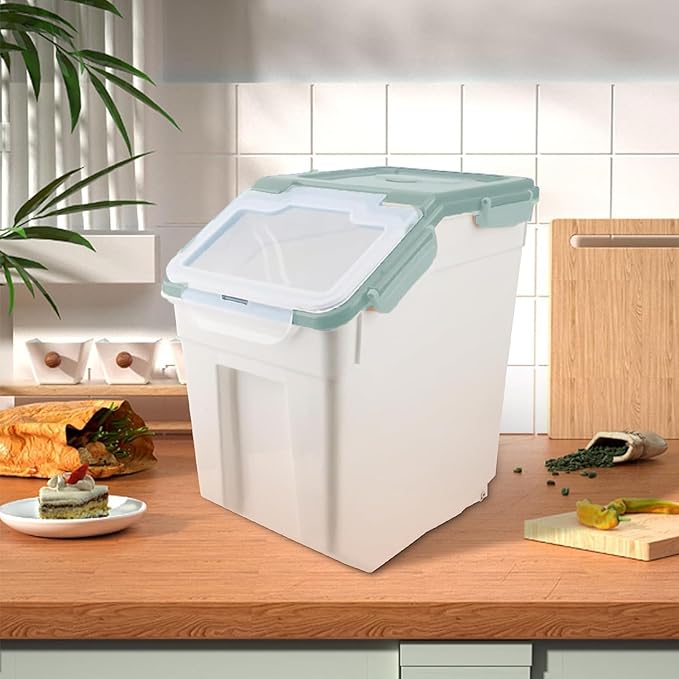 RUIAN 2Pcs Large Flour Storage Container Bin 50Lb Airtight Rice Storage Containers with Wheels Seal Locking Lid, BPA Free with Measuring Cup&Scoop for Flour, Rice, Grain 100LBS Total (Green)